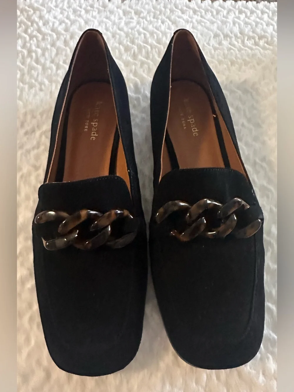 kate spade Black Suede Loafers with Tortoiseshell Chain